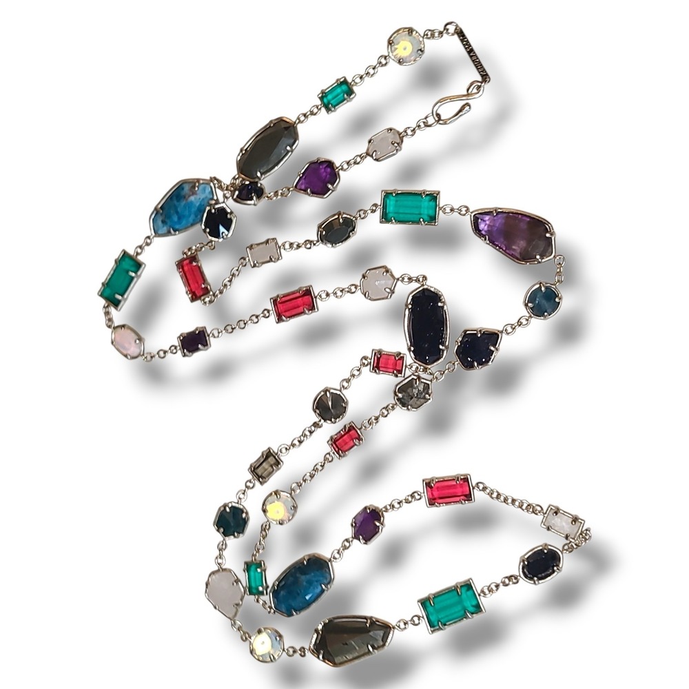 Kendra Scott Joann Station Necklace Colorful Gemstone 34" EUC Silver Tone